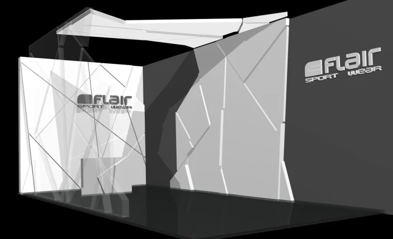 Триизмерна визуализация на модерен изложбен щанд с геометрични бели панели и логото на Flair Sport Wear.