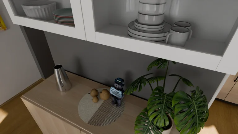 3D визуализация на кухненски шкаф с бели вратички, подредени съдове и декоративна фигурка с надпис Welcome върху дървен плот.