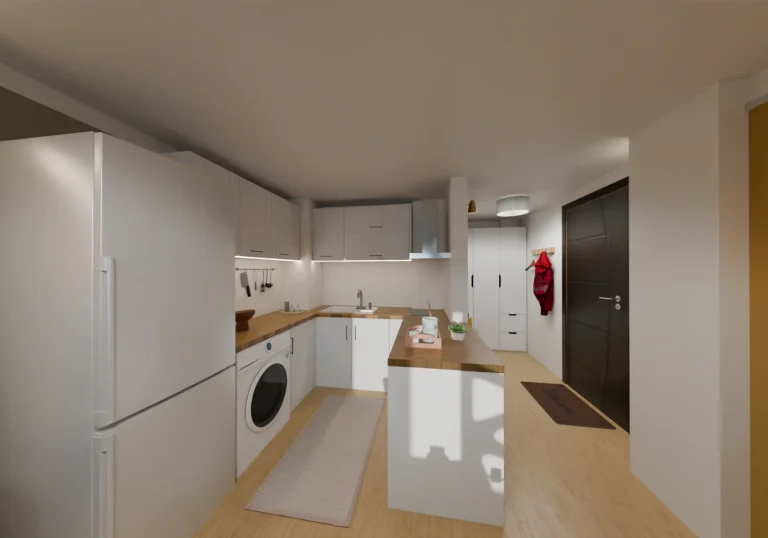 3D визуализация на малка кухня с бели шкафове, дървен плот, вградена пералня и преход към антре с тъмна врата.