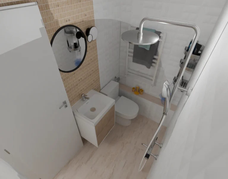 3D визуализация на малка баня с мивка, тоалетна, душ система и стенни плочки в бежово и бяло.