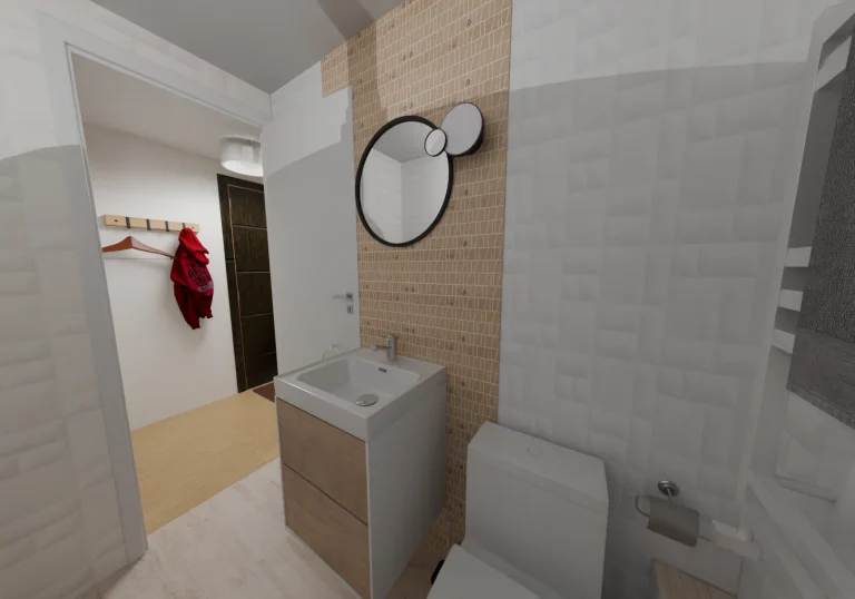 3D визуализация на малка баня с бели релефни плочки, акцентна стена с дървесен декор и кръгло огледало над шкаф с мивка.