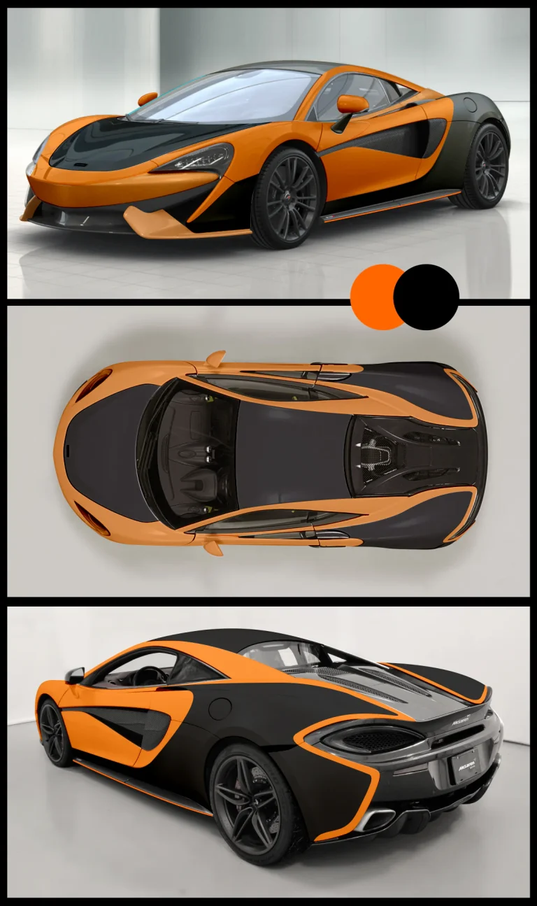 Триизмерна визуализация на спортен автомобил McLaren в оранжево и черно, представена от три различни ъгъла.