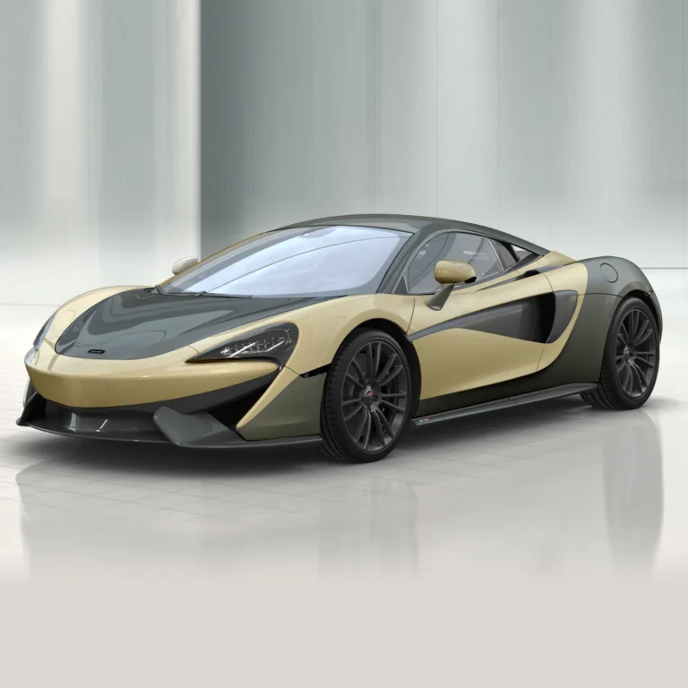 Триизмерна визуализация на спортен автомобил McLaren 570S в двуцветна комбинация, поставен в студийна среда с неутрален фон.