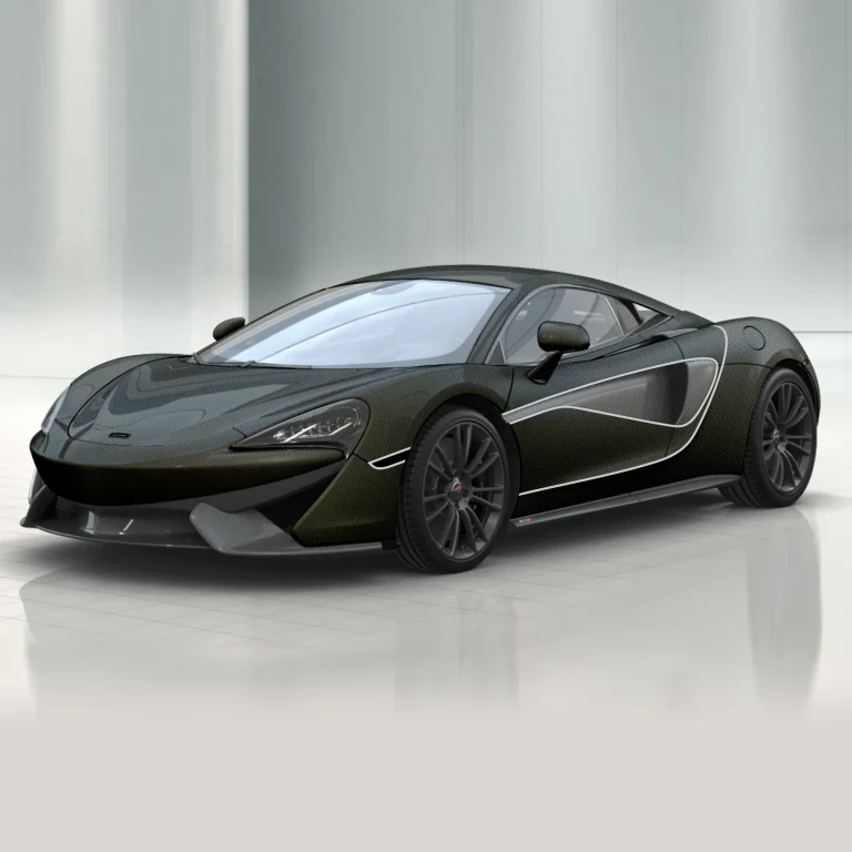 Дигитална 3D визуализация на спортен автомобил McLaren с карбонова текстура в студийна среда.