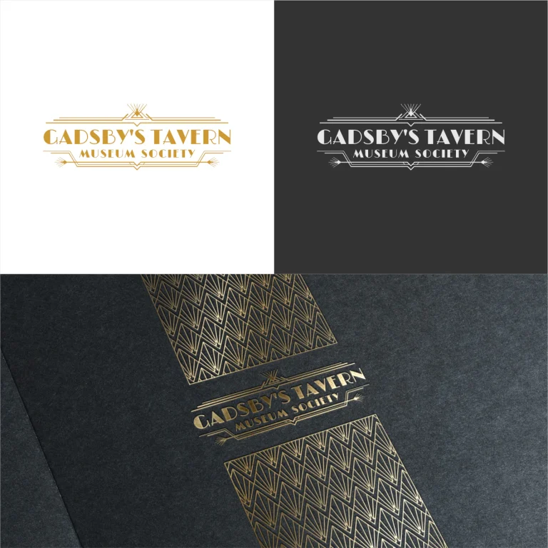 Графичен дизайн на лого в стил ар деко с надпис Gadsby's Tavern Museum Society, представен върху бял, черен и текстуриран фон.