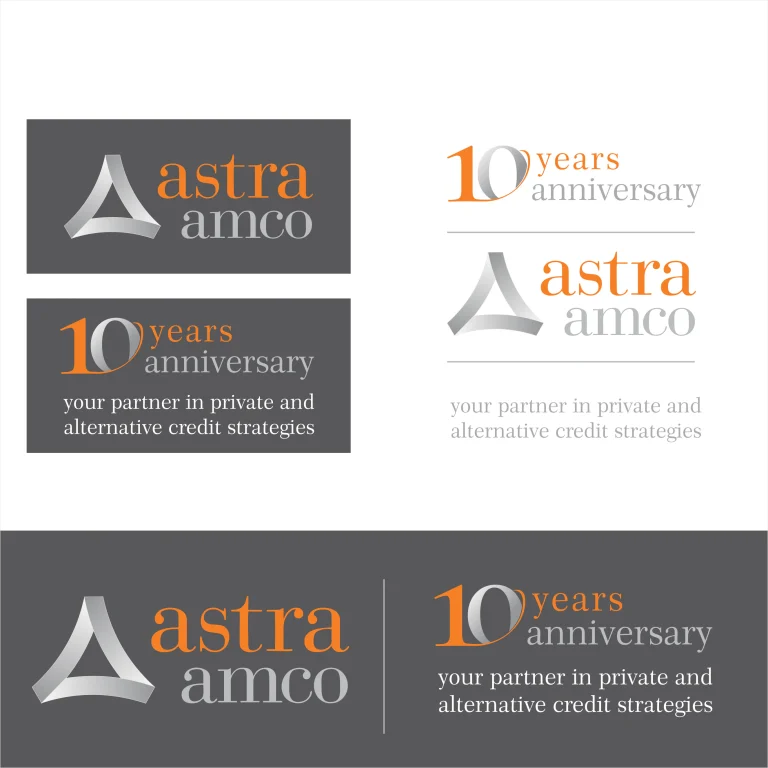 Графично представяне на корпоративно лого Astra Amco с елемент за десета годишнина в различни цветови вариации.