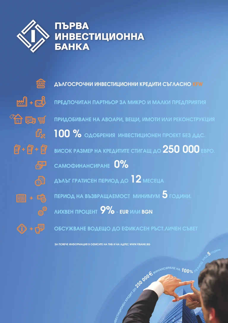 Информационна графика с банкови услуги и условия за кредитиране на Първа инвестиционна банка с оранжеви икони на син фон.