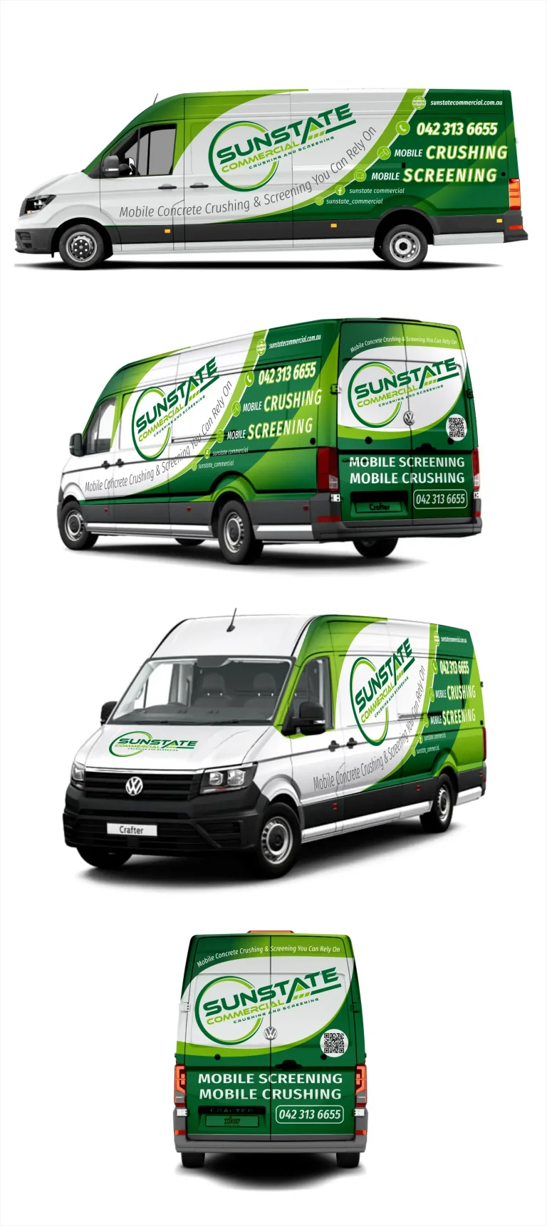 Дигитален макет на товарен бус Volkswagen Crafter с рекламни графики в зелено и бяло за компания за мобилно трошене.