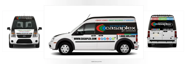 Дизайн на рекламни графики за фирмен ван с логото на Casaplex, включващ уебсайт, телефонен номер и икони на социални мрежи.