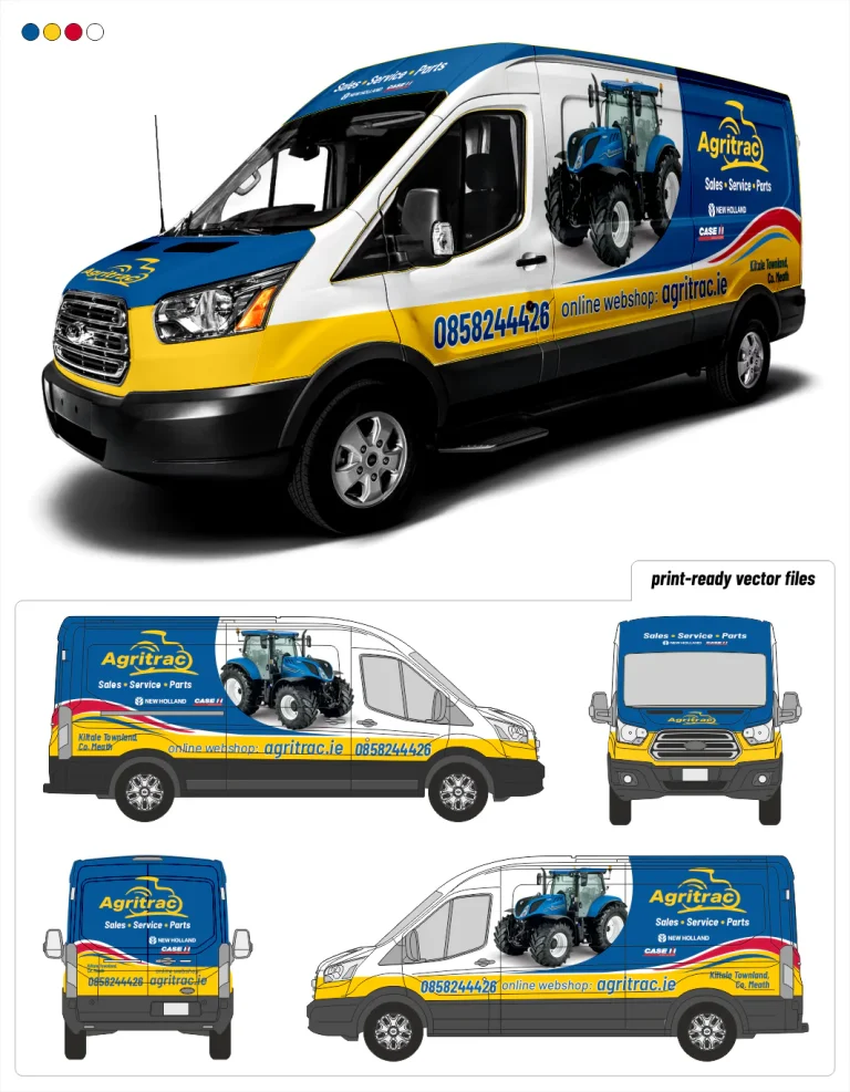 Дигитален макет на товарен бус с рекламни графики, лога на Agritrac, New Holland и Case IH и информация за контакт.