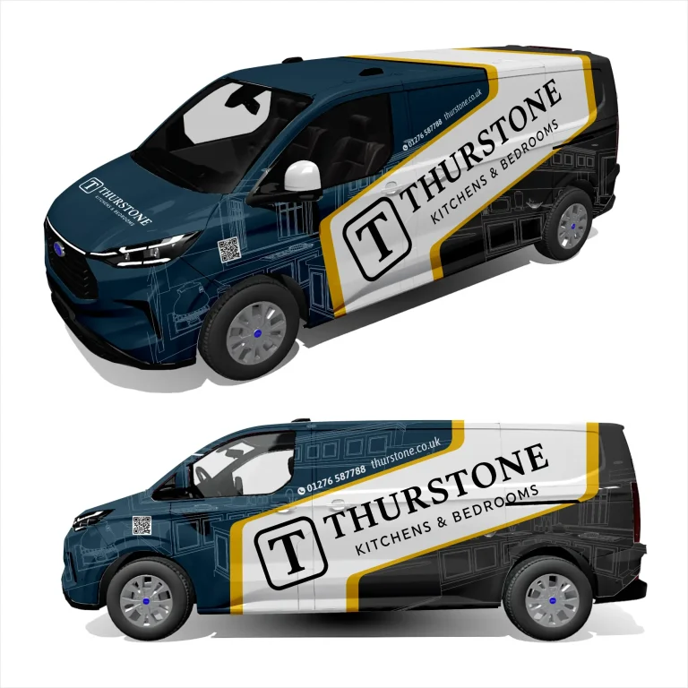 Дигитален макет на товарен бус с графичен дизайн, включващ логото на Thurstone и схематични чертежи на кухненско обзавеждане.