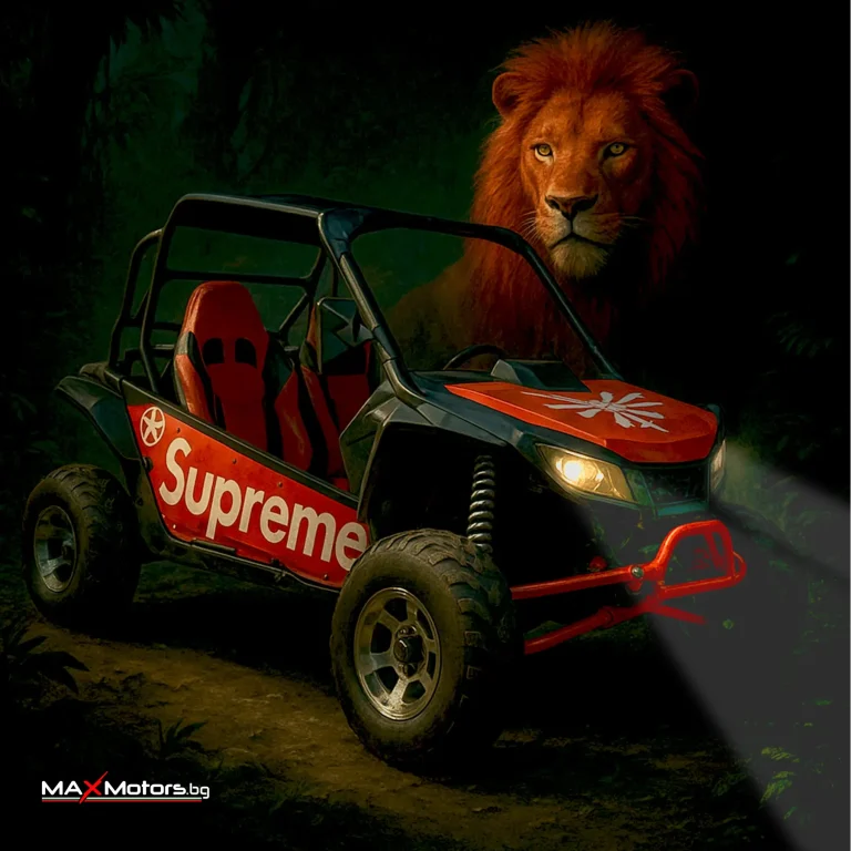 Дигитална композиция с бъги в джунглата, брандирано с надпис Supreme, до което стои величествен лъв в тъмна среда.