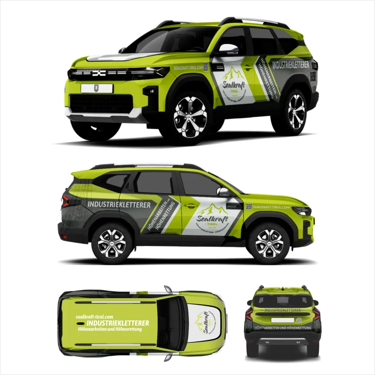 Дигитален макет на Dacia Duster с рекламно брандиране в зелено, сиво и бяло с логото на Soalkraft Tirol.