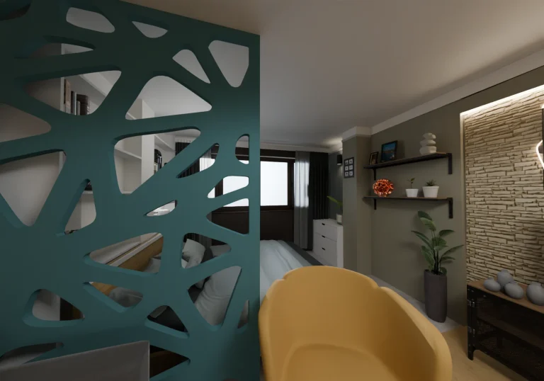 3D визуализация на спалня с декоративна тюркоазена преграда, жълт стол и акцентна стена с облицовка от естествен камък.