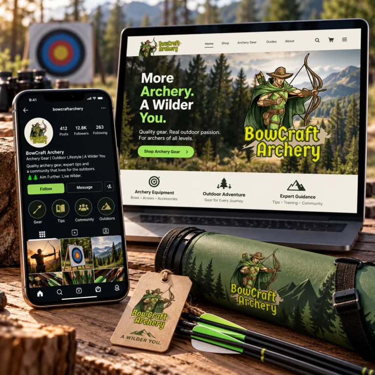 Визуална идентичност BowCraft Archery – брандиран уебсайт, социални мрежи и рекламни материали за стрелба с лък