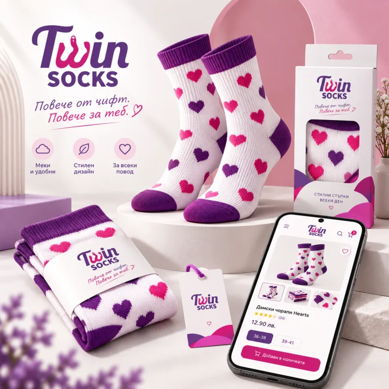 Визуално съдържание за онлайн магазин Twin Socks – продуктова реклама на чорапи, брандирана опаковка и мобилна продуктова страница