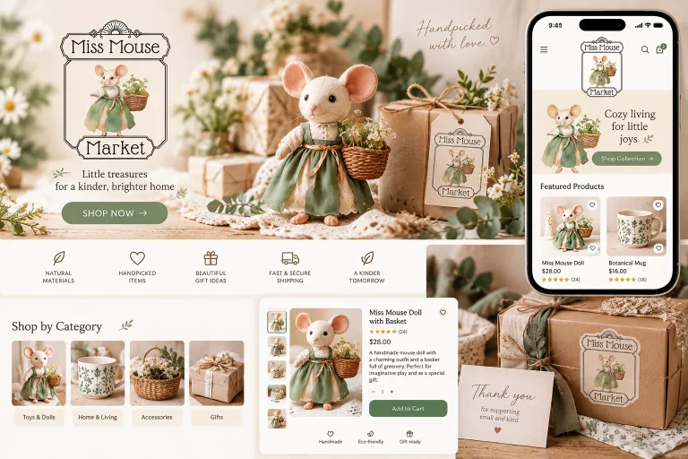 Визуално съдържание за онлайн магазин Miss Mouse Market – продуктови снимки, банери и мобилна версия на магазин за подаръци