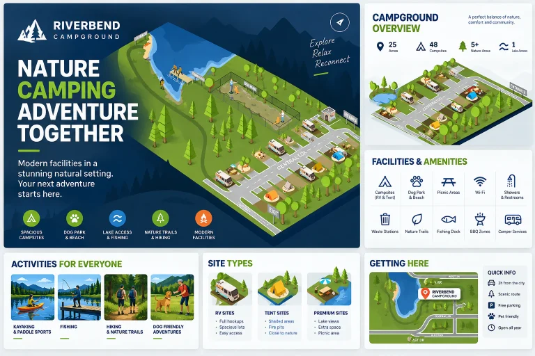 Дизайн на инфографика за Riverbend Campground – изометрична карта на къмпинг, удобства, активности и информационни графики
