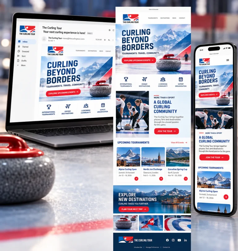 Дизайн на имейл кампания за The Curling Tour – електронен бюлетин с информация за турнири и адаптивна мобилна версия