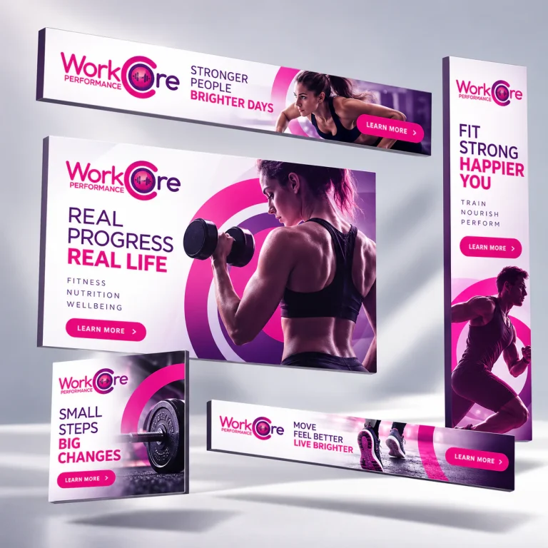 Дизайн на дигитални рекламни банери за WorkCore Performance – фитнес кампания с хоризонтални, вертикални и квадратни формати
