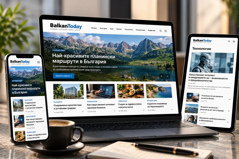 Дизайн на информационен уебсайт BalkanToday – новинарски портал с категории и адаптивна версия за мобилни устройства