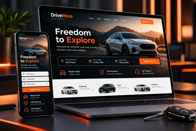 Адаптивен уеб дизайн за DriveMore – сайт за автомобили под наем с десктоп и мобилна версия