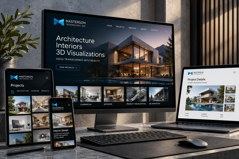 Портфолио уебсайт за Masterson Technology – архитектурни проекти, интериори и 3D визуализации на различни устройства