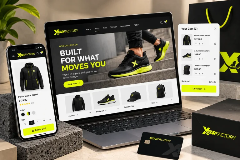 Дизайн на интернет магазин за спортни стоки XtarFactory – продуктови страници, количка и мобилен интерфейс