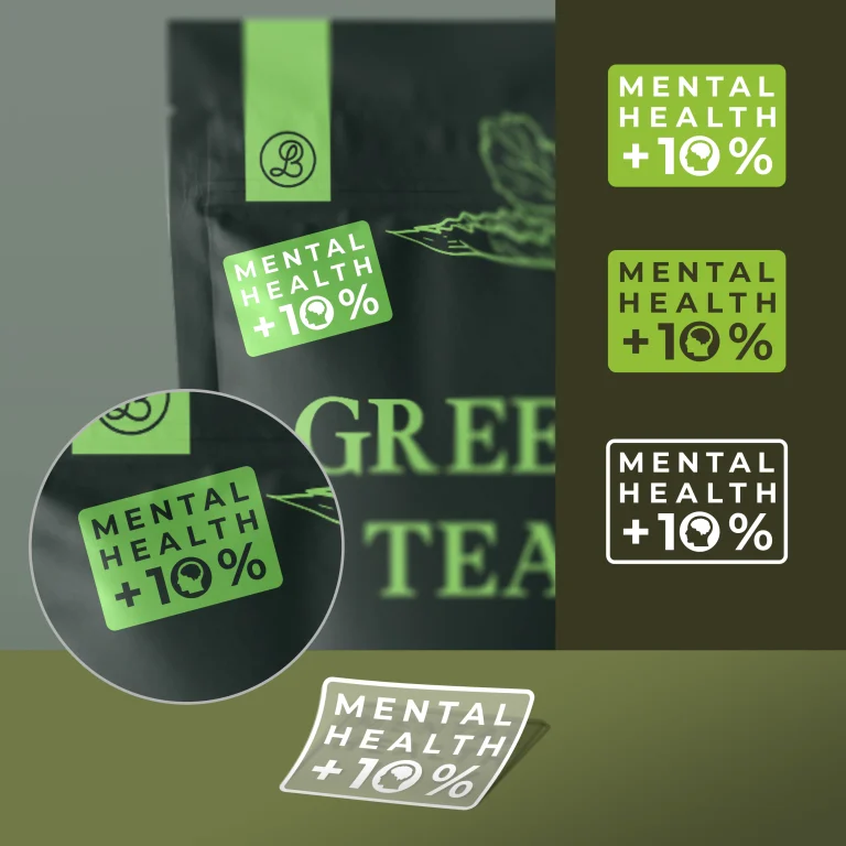 Дигитален макет на зелен етикет с текст Mental Health +10% върху черна опаковка за чай.