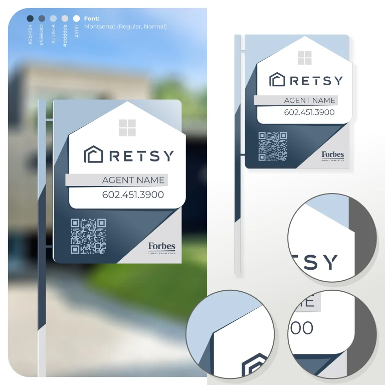Графичен проект за външна табела за имоти с логото на RETSY, QR код и логото на Forbes Global Properties.