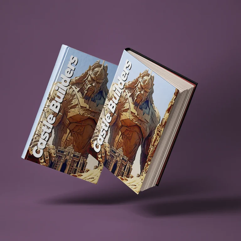 Дигитален макет на две левищи книги с илюстрация на гигантска каменна фигура и надпис Castle Builders върху корицата.