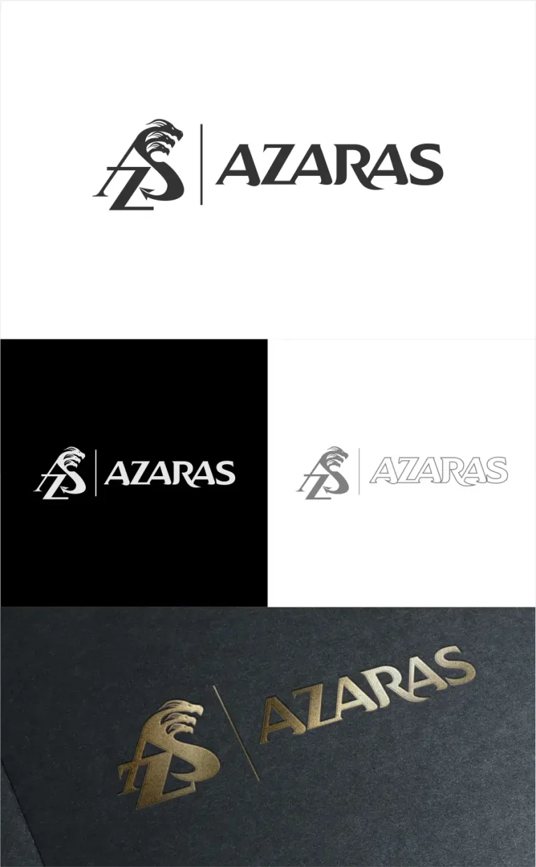 Графично представяне на лого с името AZARAS и стилизиран символ с глави на дракони в различни цветови варианти и текстури.