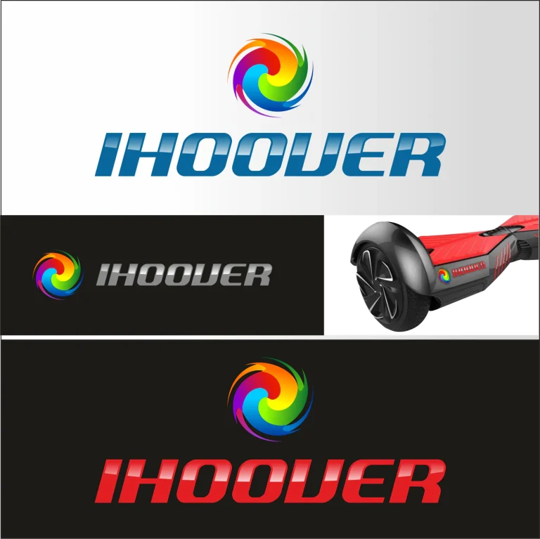 Графичен дизайн на лого с цветен спираловиден символ и надпис IHOOVER, представен в различни цветови варианти и върху ховърборд.