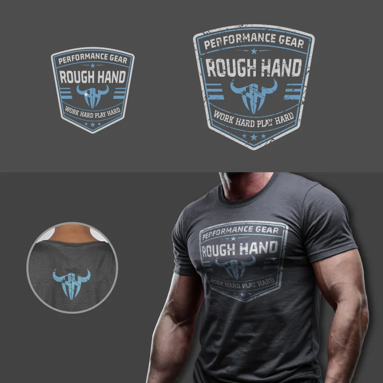 Графичен дизайн на лого с форма на щит и надпис ROUGH HAND, показан като принт върху тъмна тениска и малък елемент на гърба.