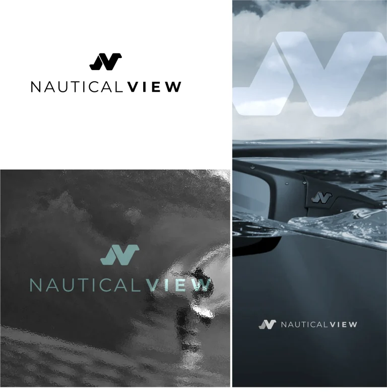 Графично представяне на логото Nautical View с абстрактен символ върху бял фон и в контекста на морска среда.
