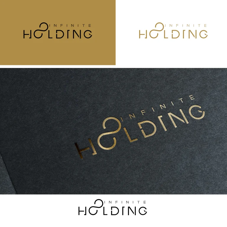 Графично представяне на лого с надпис Infinite Holding, включващо стилизиран символ за безкрайност върху различни фонове.