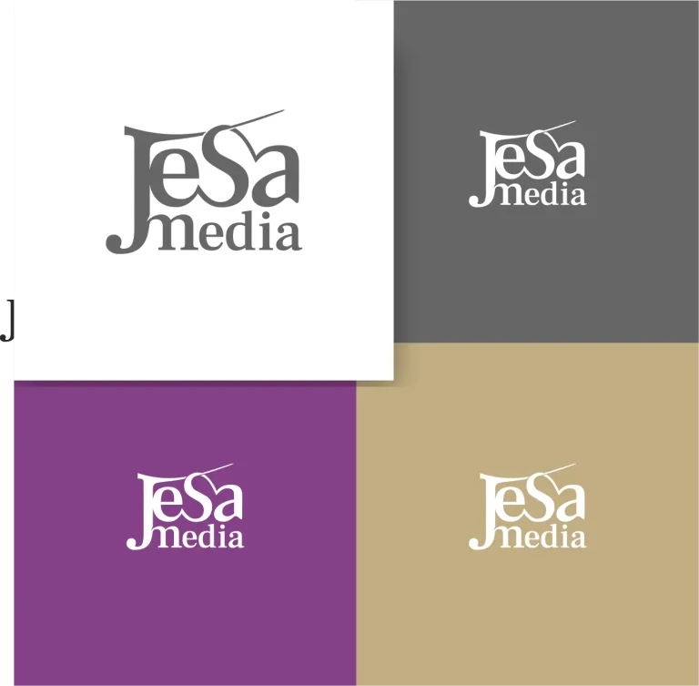 Графично представяне на логото Jesa media в различни цветови вариации върху бял, сив, лилав и бежов фон.
