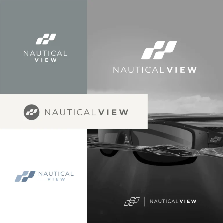 Графично представяне на лого Nautical View в различни цветови варианти и върху изображение на слънчеви очила във вода.
