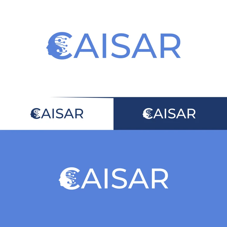 Графичен дизайн на лого с надпис AISAR, включващо стилизиран човешки профил с елементи на електронна платка в буквата C.