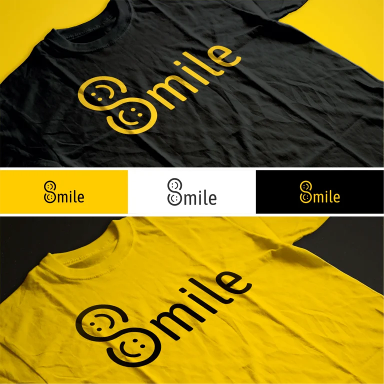 Дигитален макет на лого с надпис smile и стилизирана буква S с усмихнати лица, представен върху черни и жълти тениски.