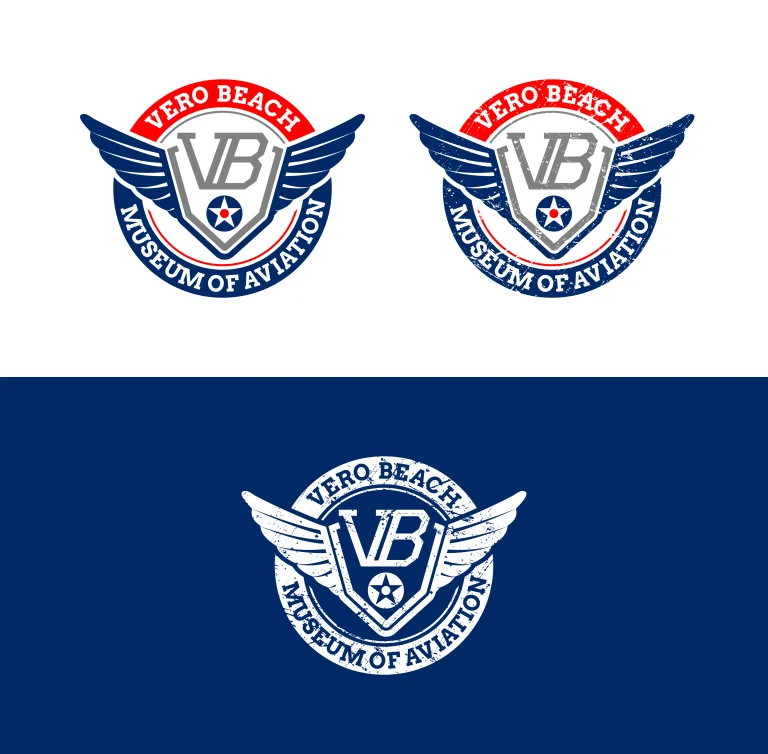 Графичен дизайн на лого за Vero Beach Museum of Aviation с крила, щит и звезда в три различни цветови и текстурни варианта.