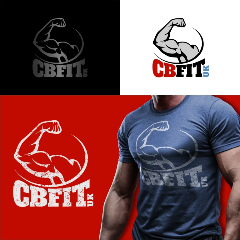 Графичен дизайн на лого с мускулеста ръка и надпис CBFIT UK, представено в различни цветови варианти и върху тениска.