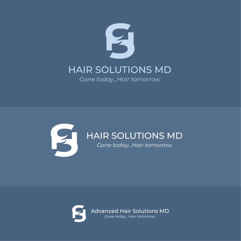 Графичен дизайн на лого с монограм и текст Hair Solutions MD, представен в три различни композиционни варианта.