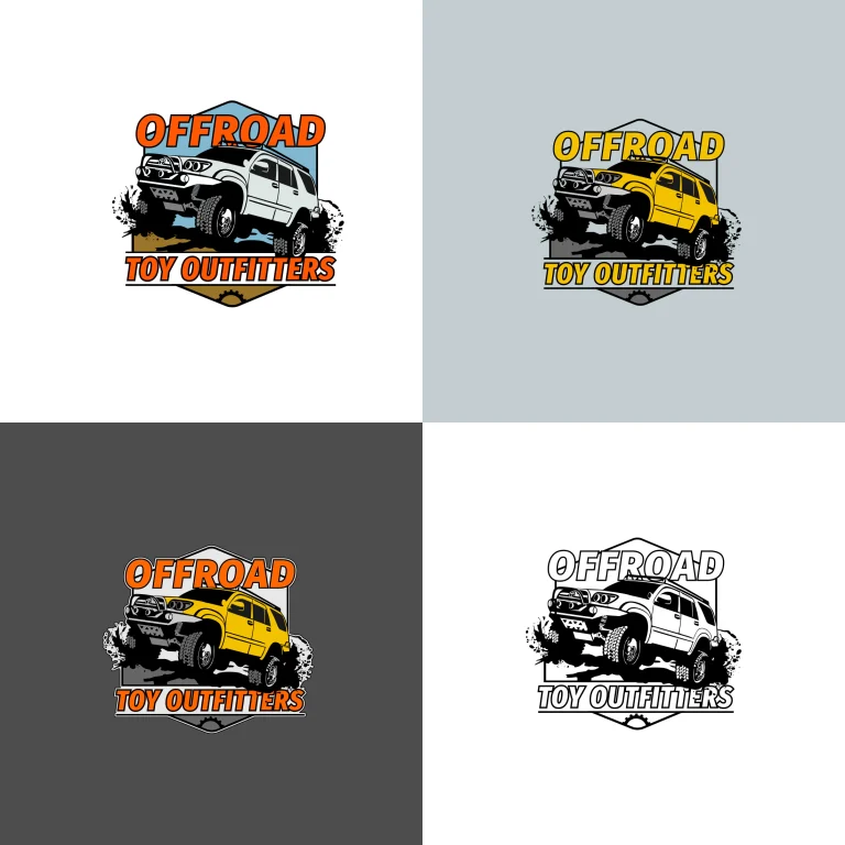 Четири варианта на графично лого с илюстрация на всъдеход и надпис OFFROAD TOY OUTFITTERS в различни цветови комбинации.