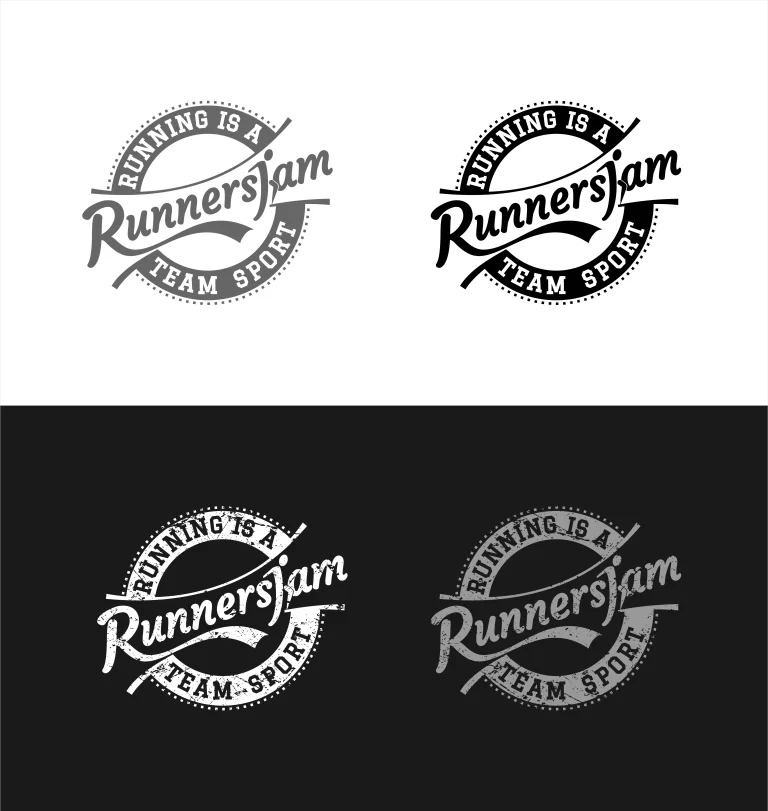 Четири варианта на кръгло лого с надпис RunnersJam и текст Running is a team sport в изчистен и износен стил.