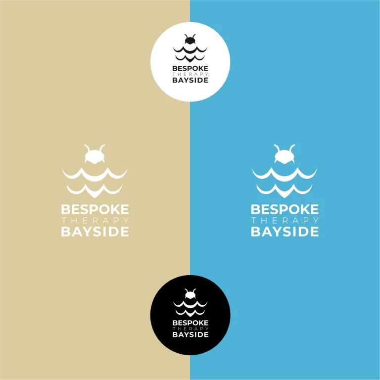 Графично представяне на лого с абстрактен символ и надпис Bespoke Therapy Bayside в различни цветови варианти.