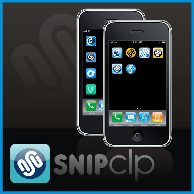 Дигитален макет на мобилни телефони с интерфейс на приложението SNIPClip върху екраните.