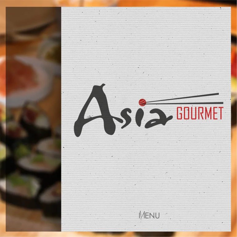 Графичен дизайн на корица за меню с логото на Asia Gourmet и стилизирани клечки за хранене върху текстуриран светъл фон.