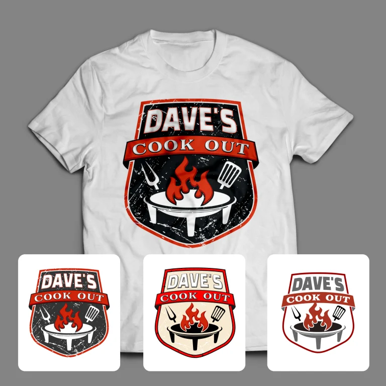 Дигитален макет на бяла тениска с графичен дизайн на щит с надпис DAVE'S COOK OUT, пламъци и прибори за барбекю.