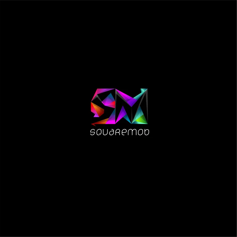 Лого с инициали SM, изградени от многоцветни геометрични триъгълни форми върху изчистен черен фон.